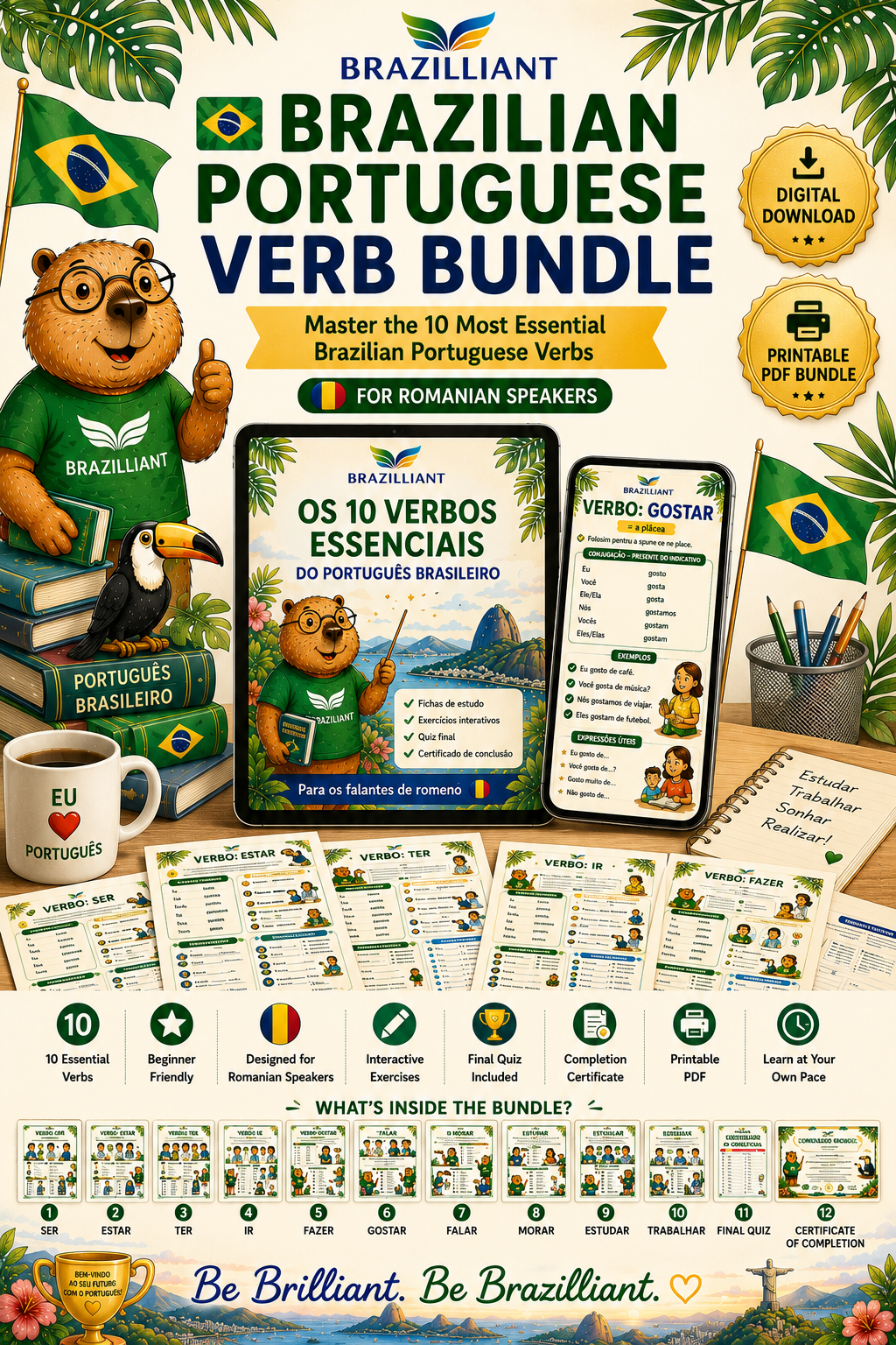 Brazilian Portuguese Verb Bundle – Learn the 10 Essential Verbs | Printable PDF Workbook
